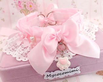 Little Paw Baby Pink Kitten Play Collar • White Lace Bow Choker • Kawaii Coquette Lace Necklace