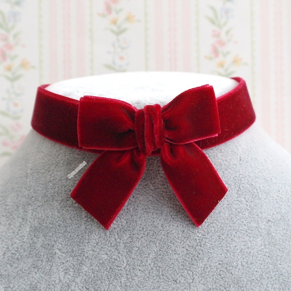 Red velvet bow Choker Necklace , simply cute jewelry day collar