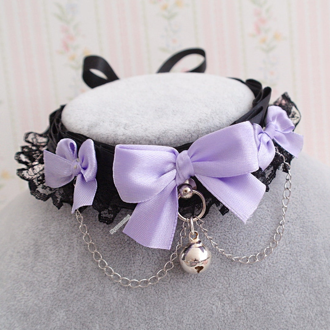 Lilac Purple Bow Black Lace Kitten Play Collar Choker Necklace , With ...