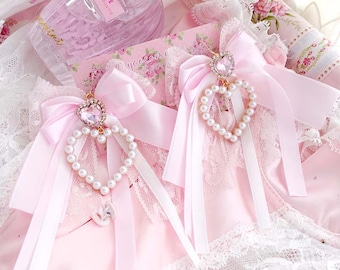 Glam Coquette Dangle Earrings Pearl Heart Baby Pink Bow Bling Rhinestone – Princess Soft Girl Jewelry (Hook or Clip‑On No Pierced Options)