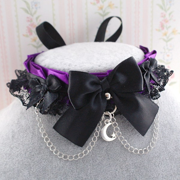 Purple choker necklace , Kitten Play Collar Gear ,Black Lace Ruffles Chain Bow little crescent moon pendant , gothic dark Kawaii accessories