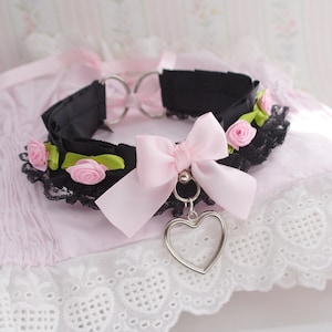 Flower roses black lace choker necklace , kitten pet play collar , heart pendant baby pink bow , sweet DDLG pastel goth princess accessories