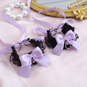 Black lace lilac purple bow cuffs bracelet 2 pcs Set ,Kitten Pet Play Gear Wrist Cuffs ruffles , kawaii pastel goth accessoreis