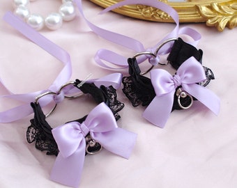Black Lace Lilac Bow Wrist Cuffs: Kawaii Goth Accessories (2 pcs)