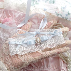 Rococo Romantic Lady Head Cameo White Lace baby blue Bow Collar Wide Choker Necklace Angelic Jewelry Victorian Style  Collar