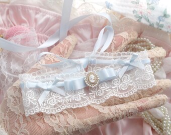 Rococo Romantic Lady Head Cameo White Lace baby blue Bow Collar Wide Choker Necklace Angelic Jewelry Victorian Style  Collar