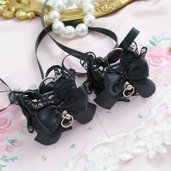 All Black Cuffs Bracelet 2 pcs Set Kitten Pet Play Gear Wrist Cuffs Lace Bow Kawaii  Goth Accessories