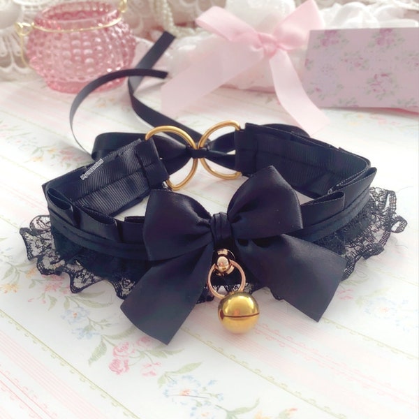 Choker Necklace Black Kitten Pet Role Play Collar Gear , All Black Gold Bell  Kawaii goth Accessories  DDLG Jewelry