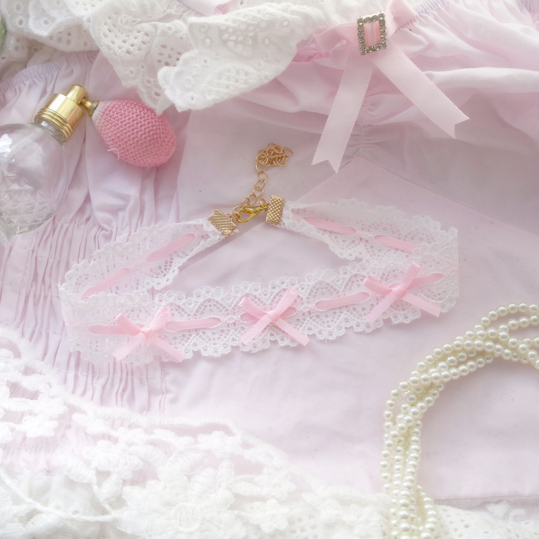 Sweet Cute White Lace Little Baby Pink Bow Choker Necklace, Day Collar ...