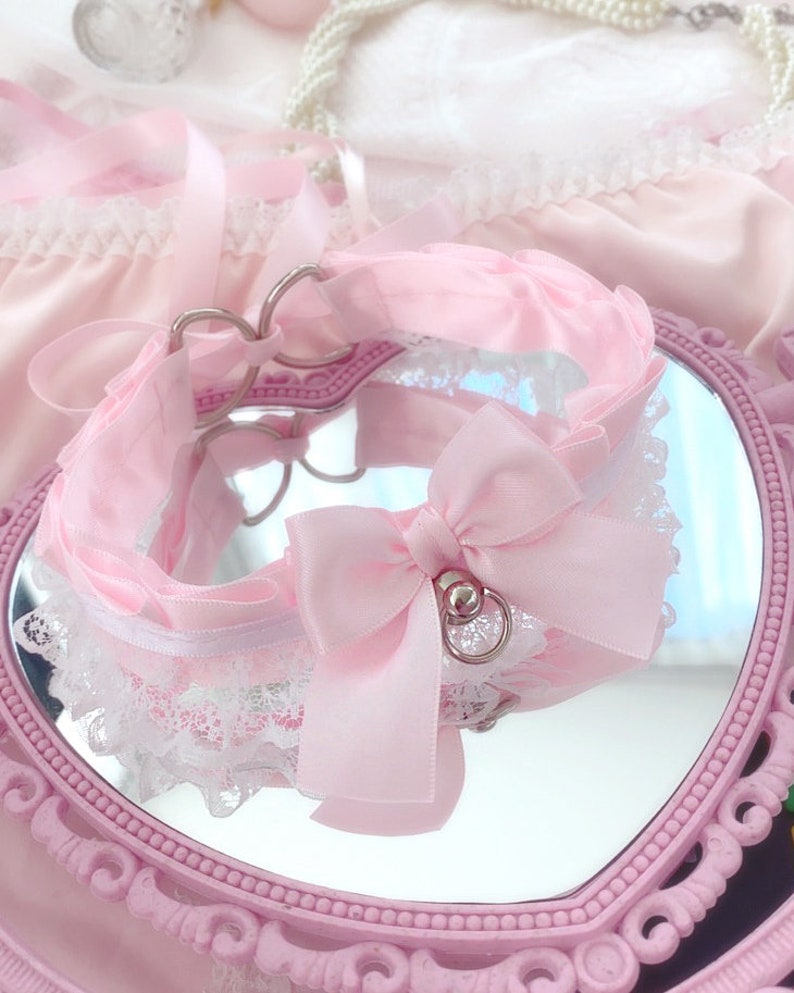 Kitten Pet Play Collar Baby Pink White Lace Bow Ring Choker Necklace ...