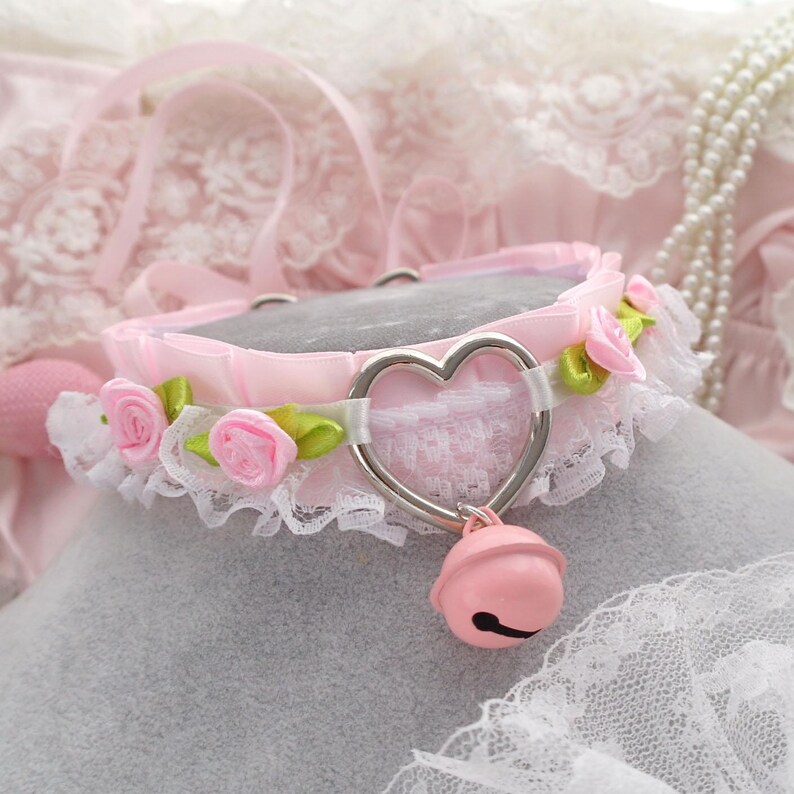 Heart Baby Pink White Lace Flower Rose Choker Necklace , Kitten Pet ...