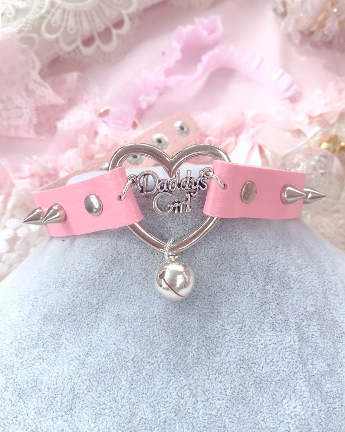 Choker Necklace Daddys Girl Pink Faux Leather Heart Bell Etsy