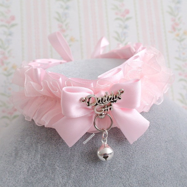 Baby pink ruffles choker necklace , kitten play collar , daddys girl tag bow with a bell , super cute kawaii princess