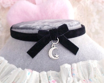 Velvet Choker Necklace, Black Velvet Bow Little Crescent Moon Star  Necklace,  pastel goth Gothic Girl