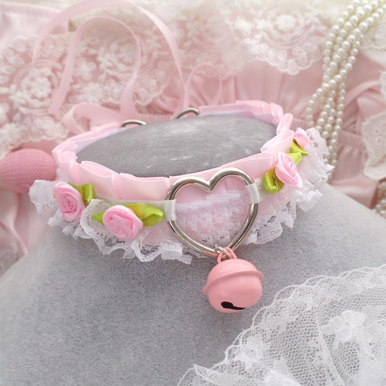 Heart Baby Pink White Lace Flower Rose Choker Necklace , Kitten Pet ...
