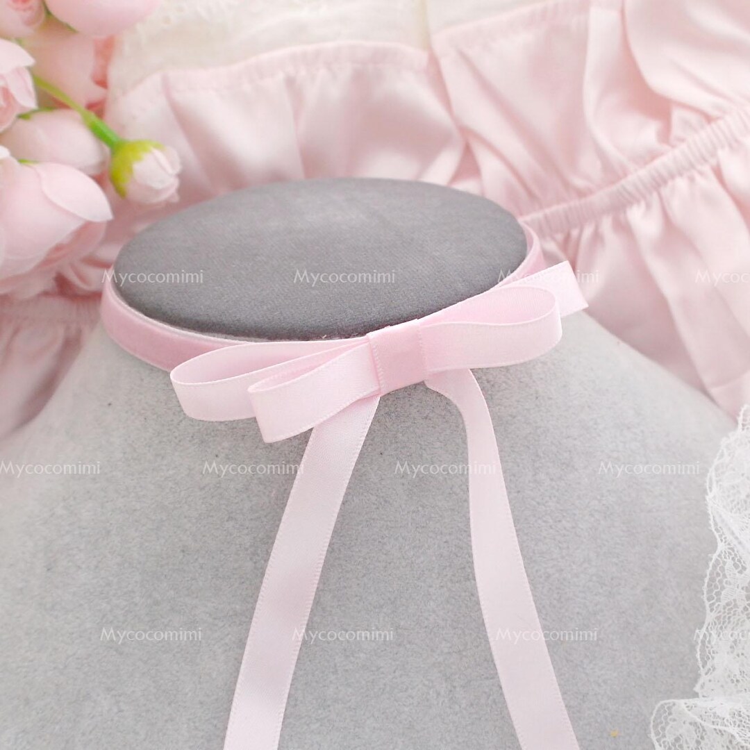 Coquette Baby Pink Velvet Satin Long Bow Choker Necklace , Ribbon Bow ...