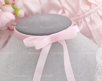 Coquette Baby Pink Velvet Satin Long bow choker necklace , Ribbon Bow Choker ,  princess core sweet  handmade jewellry