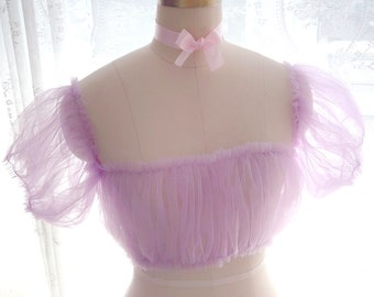 Romantic Pastel Lilac purple Tulle Tube Crop Top Off shoulder Puff Short Sleeves Mesh top Lingerie , Kawaii Clothes
