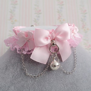 Kitten Pet Play Collar Gear ,Princess DDLG Choker Necklace Pink Satin Lace Ruffles Chain Bow Bell Tug Proof Daddys Girl Kawaii pastel