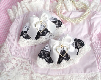 Set of 2 Black and White Lace Wrist Cuffs Gloves Lace Sleeves bow gold heart pendant   ,Wrist bracelet Victorian Sweet Lolita