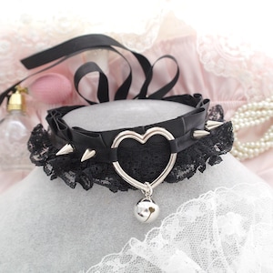 Spikes Studs Heart Black lace ruffles kitten play collar choker necklace , cute pastel goth cute  kawaii day accessories