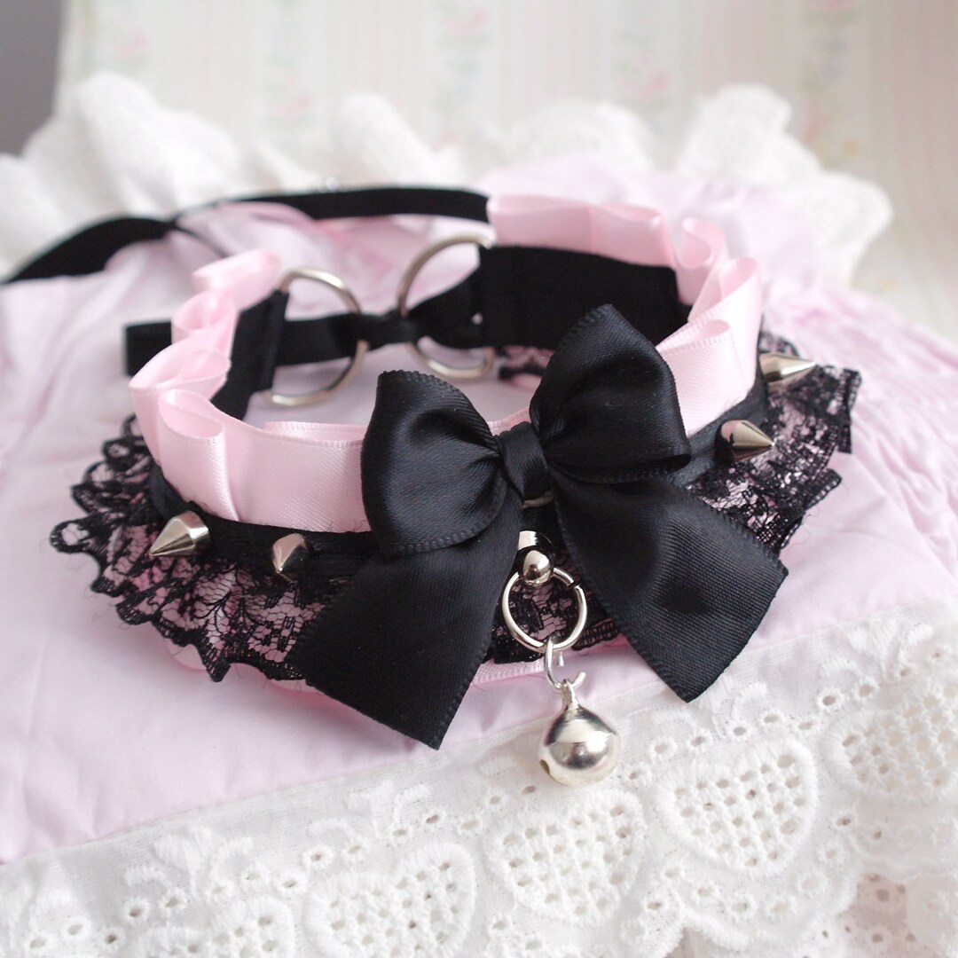 Spikes Baby Pink Black Lace Kitten Play Collar Choker Necklace , Bow ...