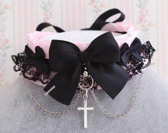 Cross Pendant Goth Style Kitten Pet Play Collar Gear ,Choker Necklace Baby Pink Black Lace Ruffles Chain Bow Tug Proof  Gothic