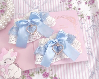 Set of 2 - Romantic blue bow  White Lace Loliat Wrist Cuffs Gloves Lace Sleeves , Gold heart Pendant ,  Rococo bracelet