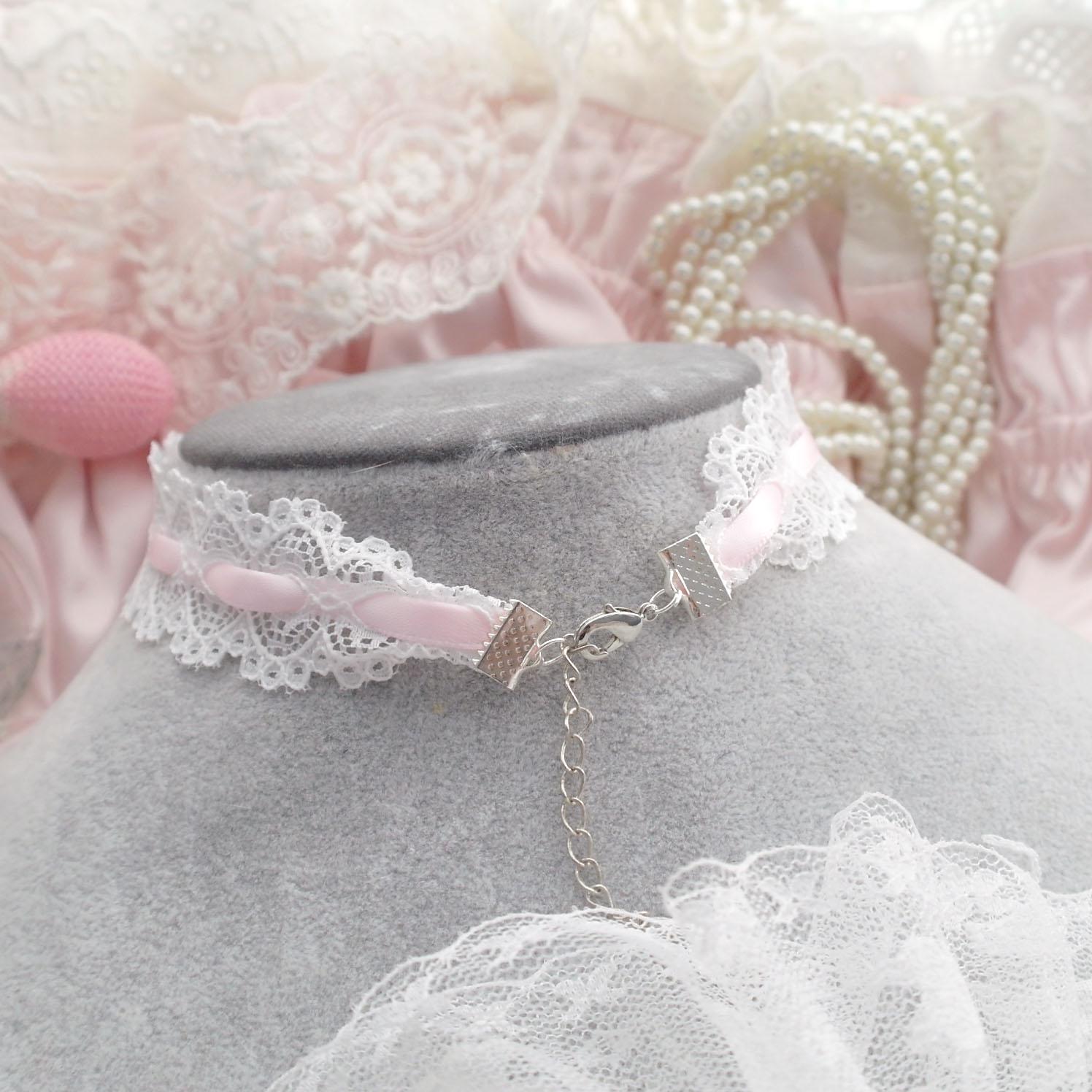 Pink Ipaf Little Paw Choker Necklace White Lace Baby Pink Bow , Collar Pastel ...