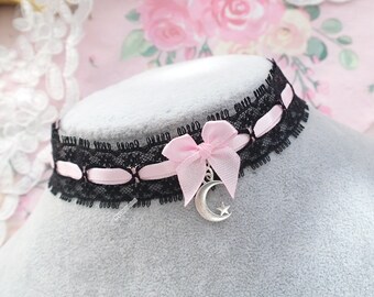 Black lace pink bow choker necklace collar ,little crescent moon pendant  , cute jewelry collar , special