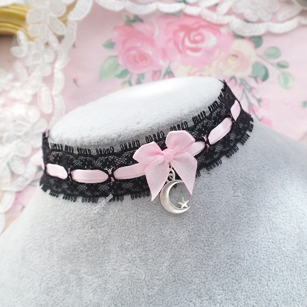 Black lace pink bow choker necklace collar ,little crescent moon pendant  , cute jewelry collar , special