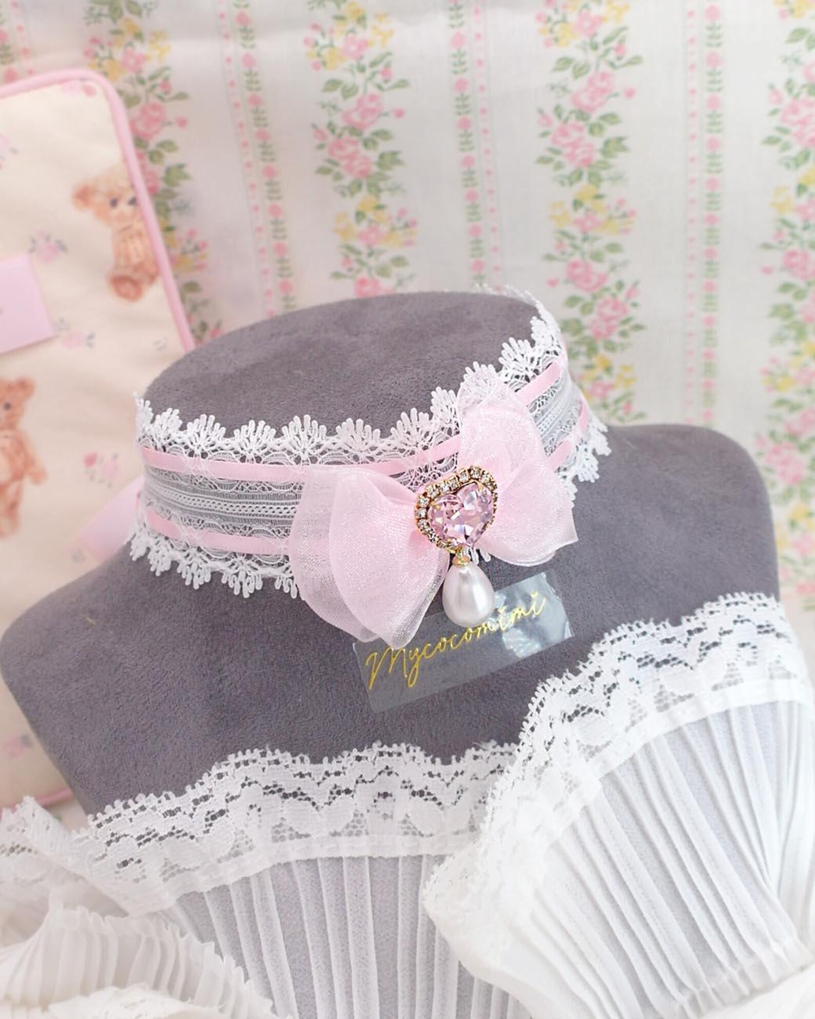 Coquette Rhinestone Heart Baby Pink Bow White Lace Choker Necklace ...