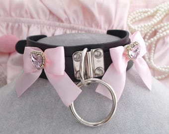 Length 12.5"-15.5" O Ring Choker Necklace Black Faux Leather Rhinestone Heart Bow Luxury Kitten Play Collar Submissive Princess DDLG