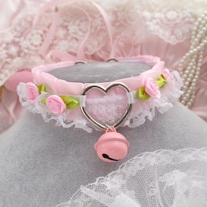 Heart Baby Pink white lace flower rose choker necklace , kitten pet play collar ,with a bell , kawaii pastel princess costume