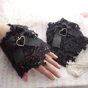 Set of 2 Black Lace Double Layer Lolita Wrist Cuffs Gloves Lace Sleeves ,  Gold Heart pendant Wrist bracelet Gothic Goth Accessories
