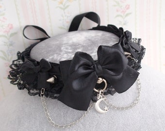 Little Crescent Moon Spikes Bow All Black Kitten Pet Play Collar Gear ,Choker Necklace Lace Ruffles Chain , Cute  Gothic