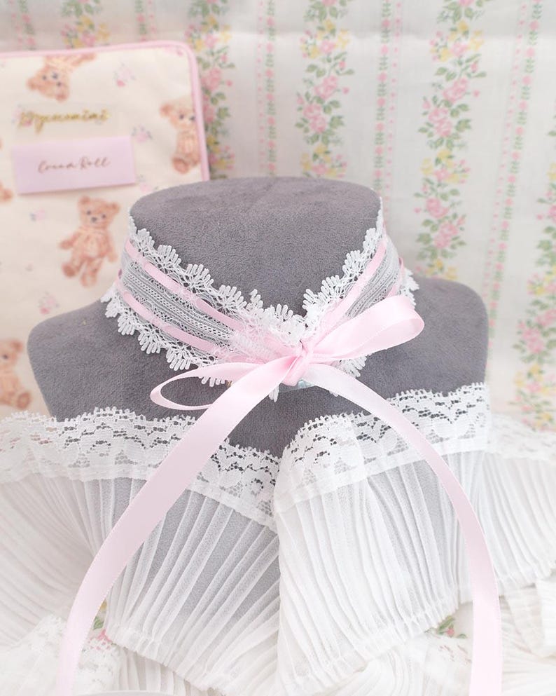 Coquette Rhinestone Heart Baby Pink Bow White Lace Choker Necklace ...