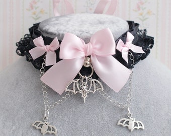 Cute Little Bats Kitten Pet Play Collar Gear ,Vampire DDLG Choker Necklace Black Satin Lace Ruffles Chain Pink Bow Tug Proof  Kawaii Goth