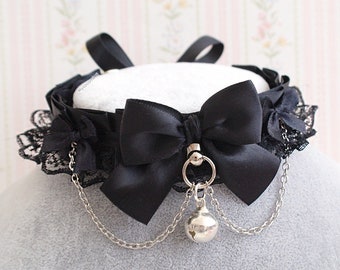 All Black Kitten Pet Play Collar Gear ,Choker Necklace  Lace Ruffles Chain Bow Bell Daddys Girl Kawaii pastel Gothic Cute