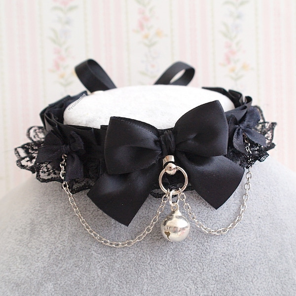 All Black Kitten Pet Play Collar Gear ,Choker Necklace Lace Ruffles Chain Bow Bell Daddys Girl Kawaii pastel Gothic Cute