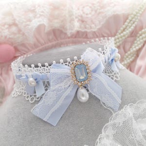 Luxury white lace baby blue bow rhinestone faux pearl pendant choker necklace , glam rococo victorian style  day collar jewelry