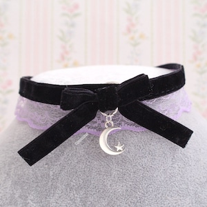 Black velvet choker necklace, lilac purple lace bow little crescent moon pendant , pastel goth cute jewelry