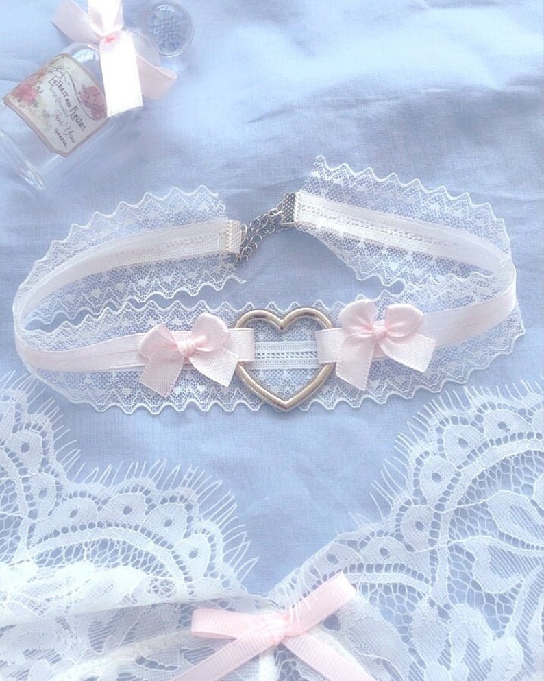 White Lace Baby Pink Bow Heart Choker Necklace , Cute Jewelry Day ...