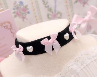Coquette Black Velvet Pearl Heart Ribbon Baby Pink Bow Choker Necklace , Handmade cute princess soft girl jewelry