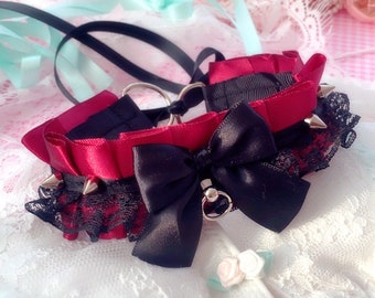 Choker Necklace Kitten Pet Play Collar Burgundy Red Black Lace Bow O Ring Spikes Jewelry