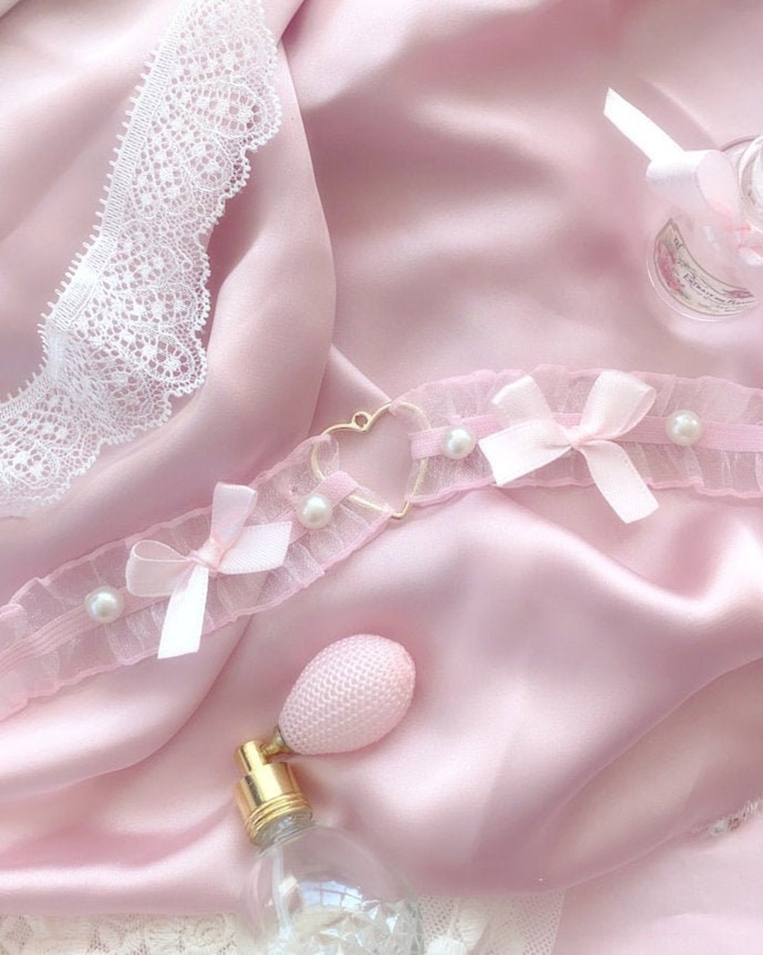 Baby Pink Lace Bow Gold Heart Pearl Bow Choker Necklace , Cute Jewelry ...