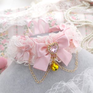 Heart Rhinestone Powder Pink Bow Beige Lace Ruffles choker necklace , kitten pet play collar  ,with chain and bell  , kawaii DDLG soft girl