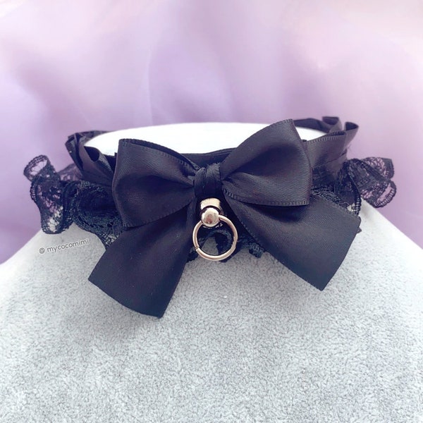 Cute Gothic Choker Necklace Kitten Pet Play Collar All Black Lace Bow Ring ,Goth Daddys Girl Jewelry Accessories