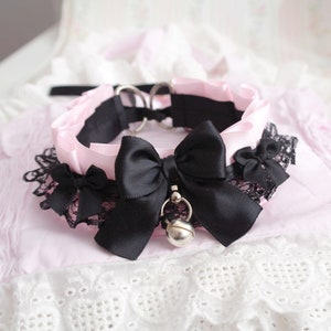 Baby pink black lace ruffles choker necklace, kitten play collar , bow with a bell , pastel goth kawaii harajuku  jewelry