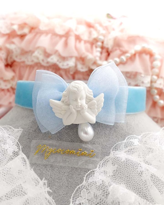Angelic Cupid Angel Baby Blue Velvet Bow Choker Necklace , Coquette Fairy Core jewelry ,Gift for her